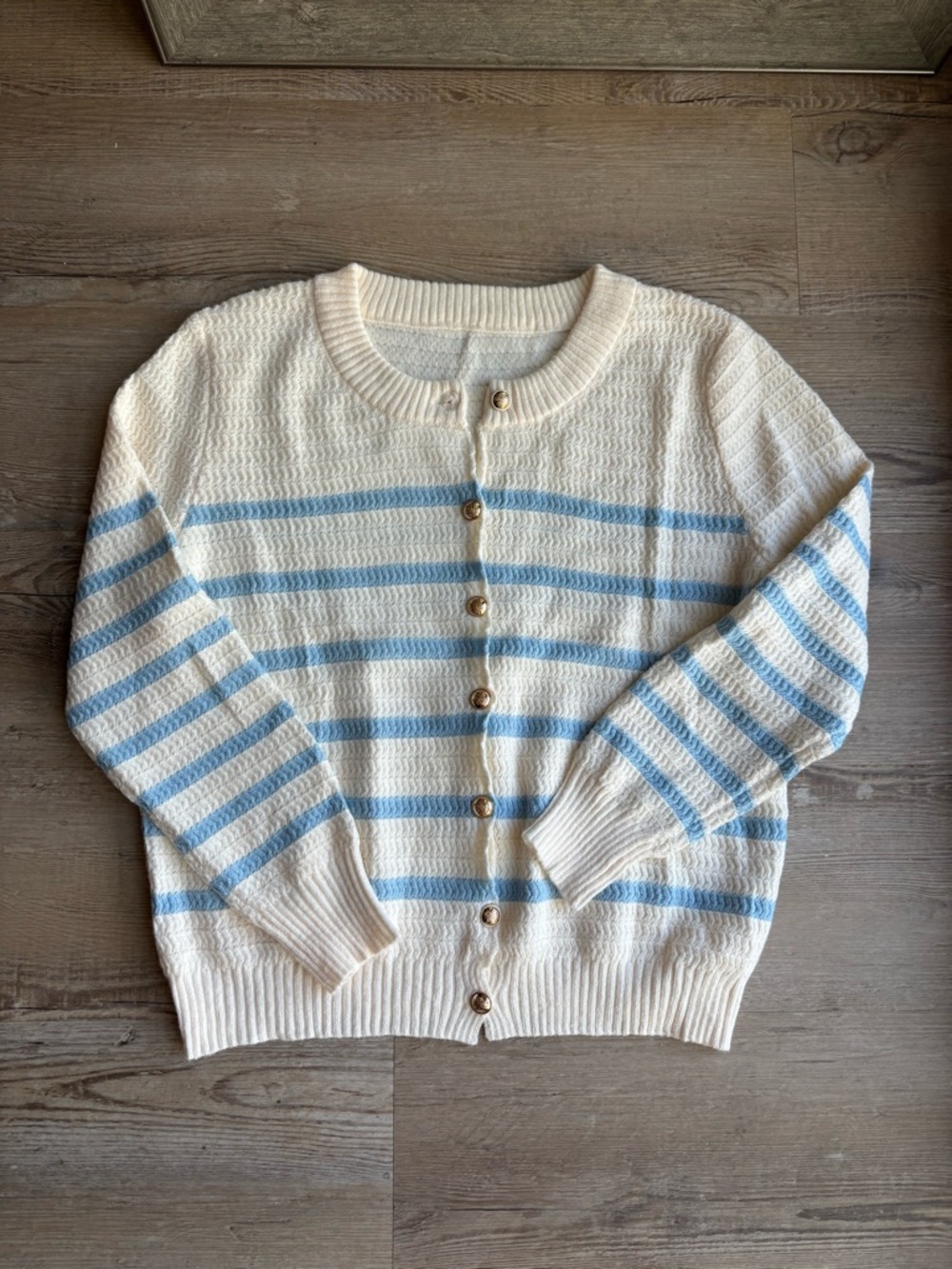 Cream & Light Blue Striped Button-Front Cardigan
